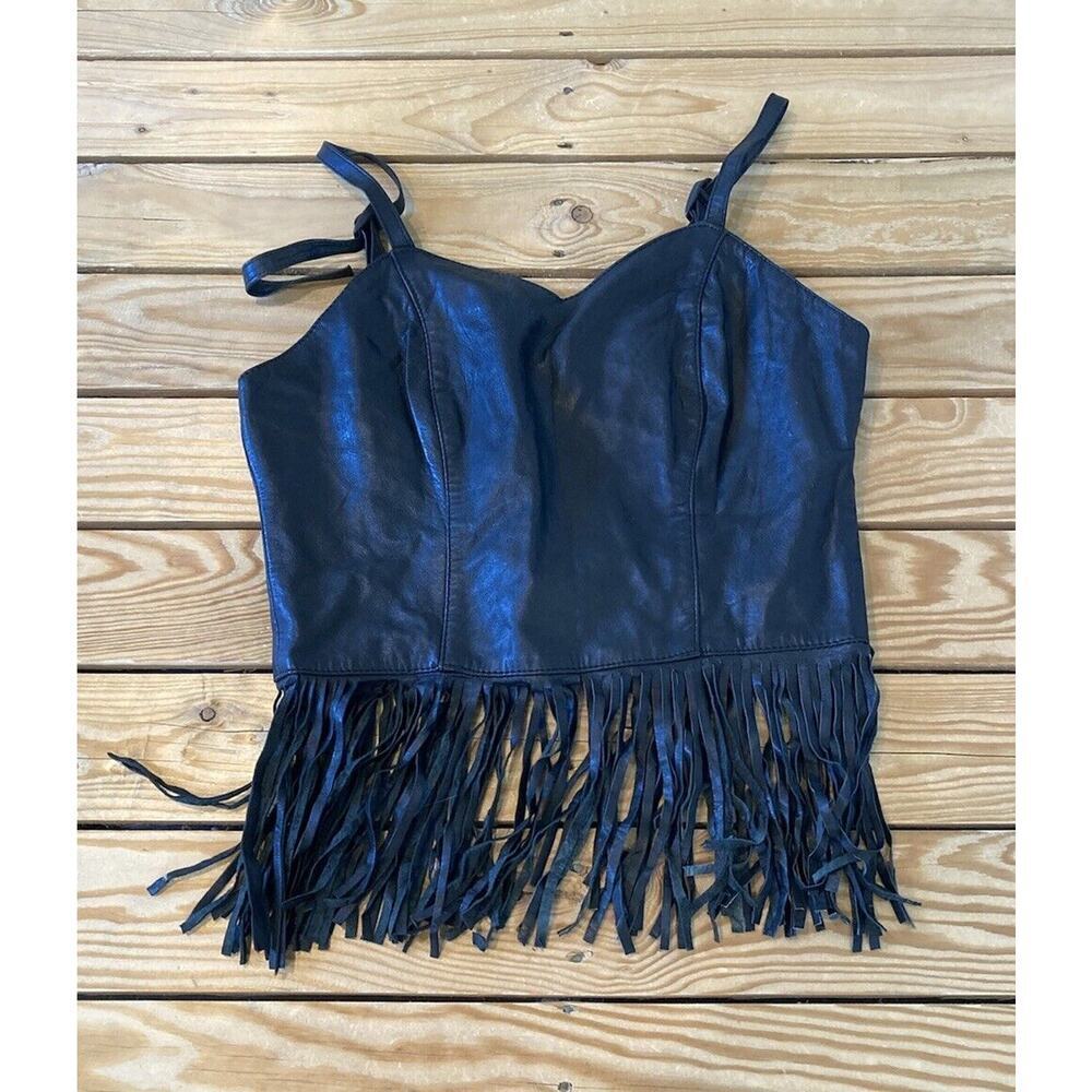 Echtes Leder Leather Sleeveless Fringed Tank Top Size Large Women’s Black Zip Up